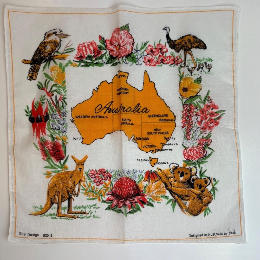 Vintage Australian Map Handkerchief By Heil kookaburra Koala‎